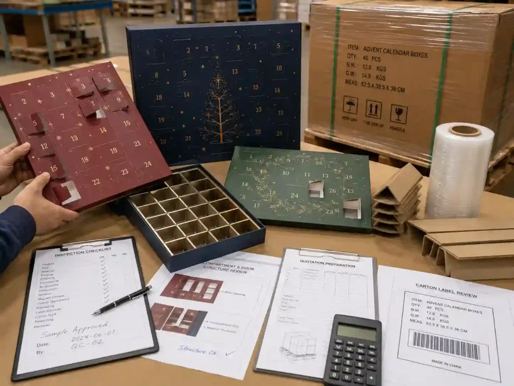 QC and export packing review for chocolate advent calendar boxes with cartons, shipping marks, and sample approval checklist