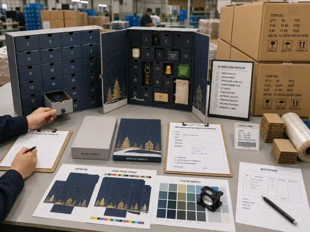 QC and export packing scene for corporate gift advent calendar boxes with inspection checklist, cartons, pallet wrap, and shipping marks.