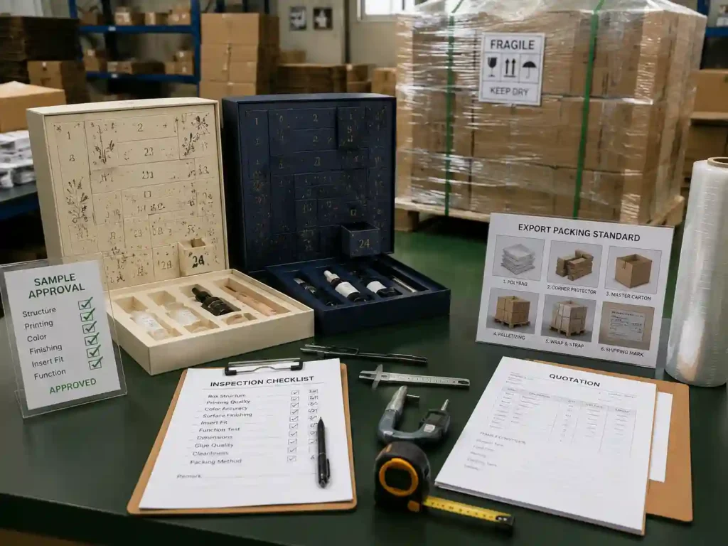 Quality control and export packing preparation for cosmetic advent calendar boxes before international shipment