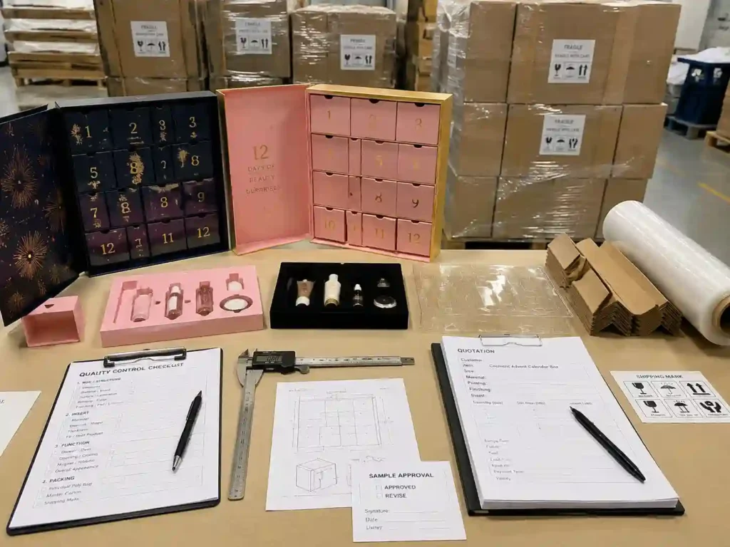 Quality control and export packing preparation for cosmetic advent calendar boxes with insert testing