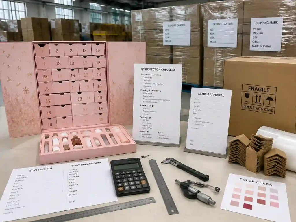 QC inspection and export packing preparation for cosmetic advent calendar box production orders