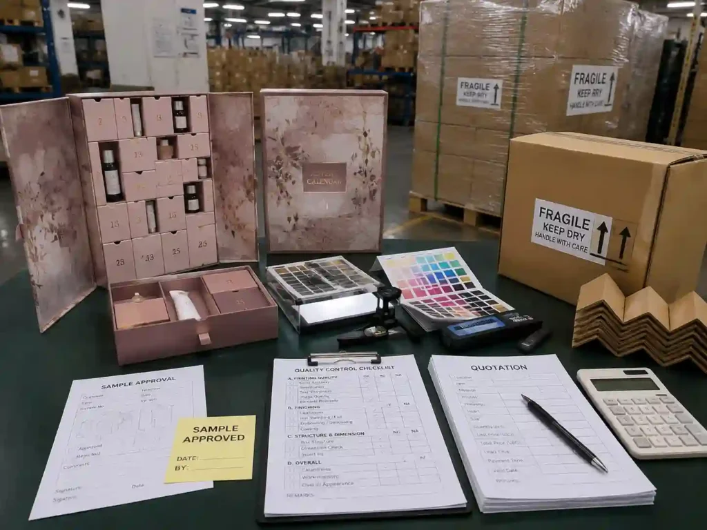 Quality control and export packing preparation for printed cosmetic advent calendar boxes