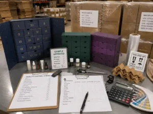 Cosmetic advent calendar boxes sample approval with QC inspection export packing and quotation preparation