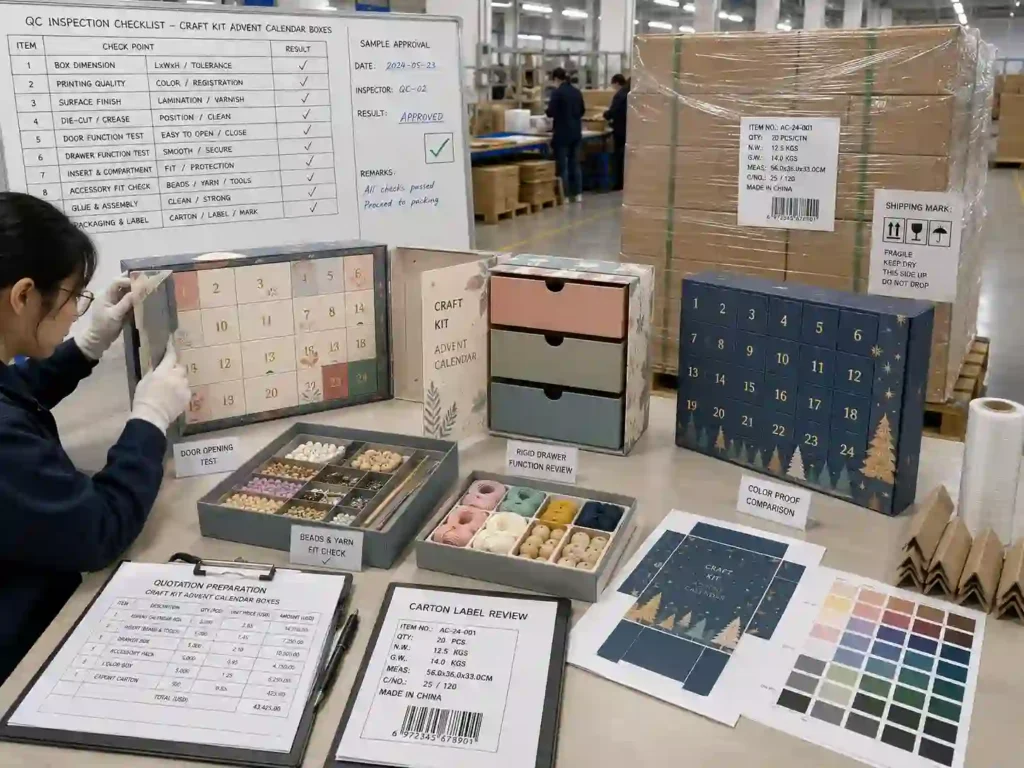 QC inspection and export packing setup for craft kit advent calendar boxes with cartons and checklist