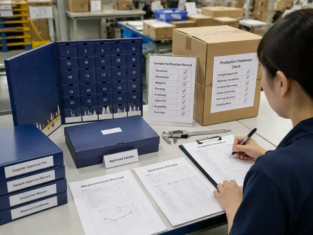 QC staff verifying approved advent calendar box samples, measurements, and quotation records before production.