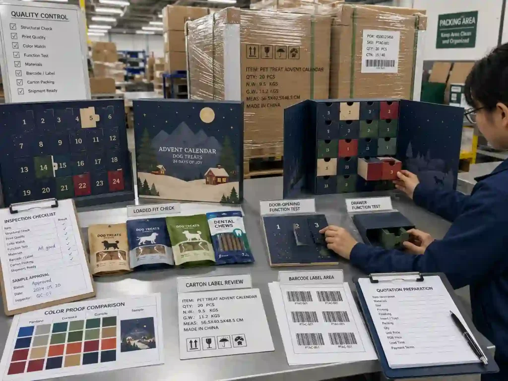 QC and export packing check for dog treat advent calendar boxes with cartons, shipping marks, and sample approval notes