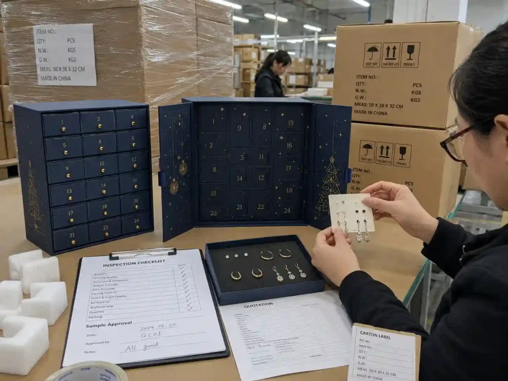 QC and export packing review for earring advent calendar boxes with cartons and checklist