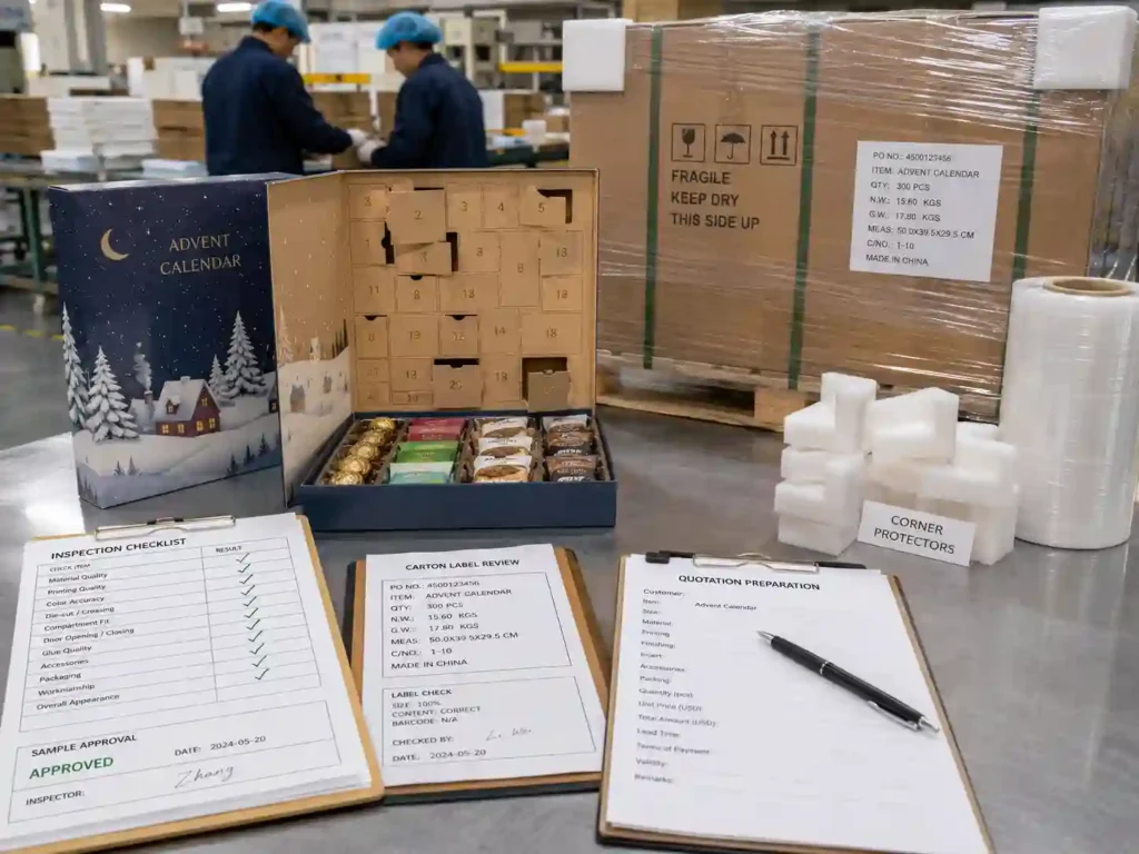 QC and export packing scene for food gift advent calendar boxes with inspection checklist, cartons, corner protectors, and shipping marks