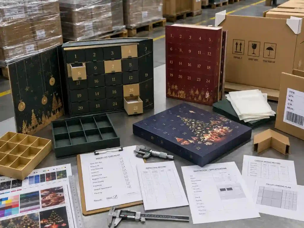 Custom advent calendar box quality inspection, export packing, and quotation preparation