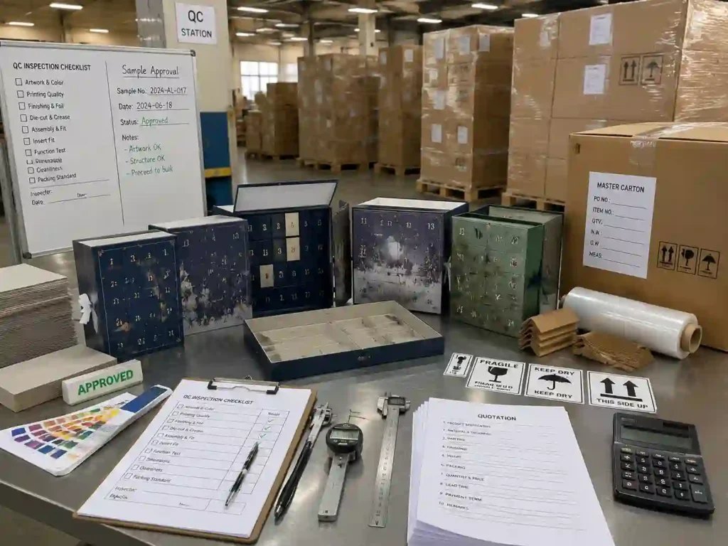 Quality control and export packing inspection for advent calendar packaging samples and shipment preparation