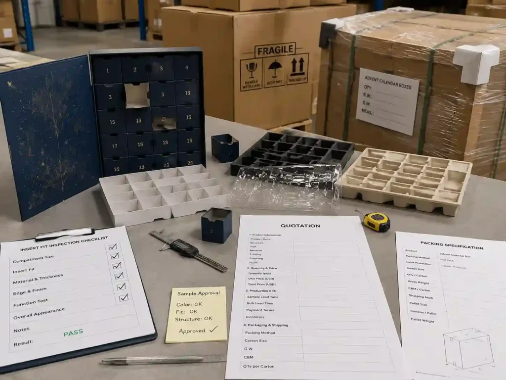 QC inspection and export packing preparation for custom advent calendar boxes with compartments