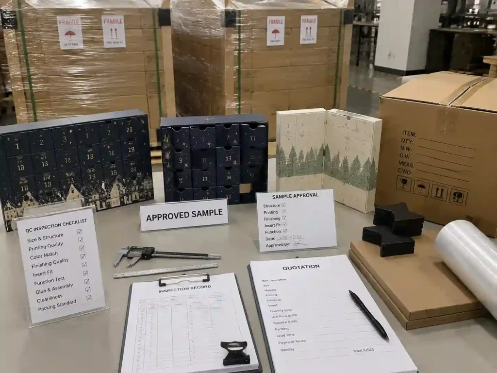 Quality inspection and export packing preparation for custom advent calendar boxes before international shipment