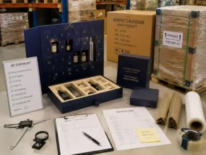 QC and export packing preparation for heavy product advent calendar boxes with inspection documents
