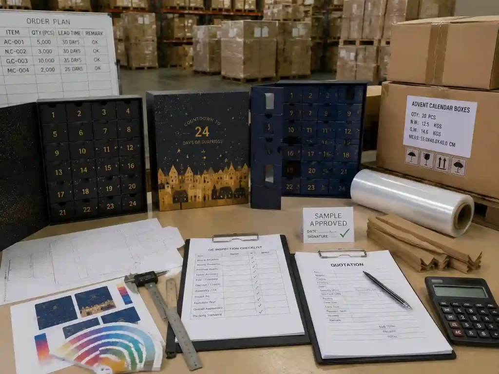 Quality control and export packing inspection for cost optimized advent calendar box production