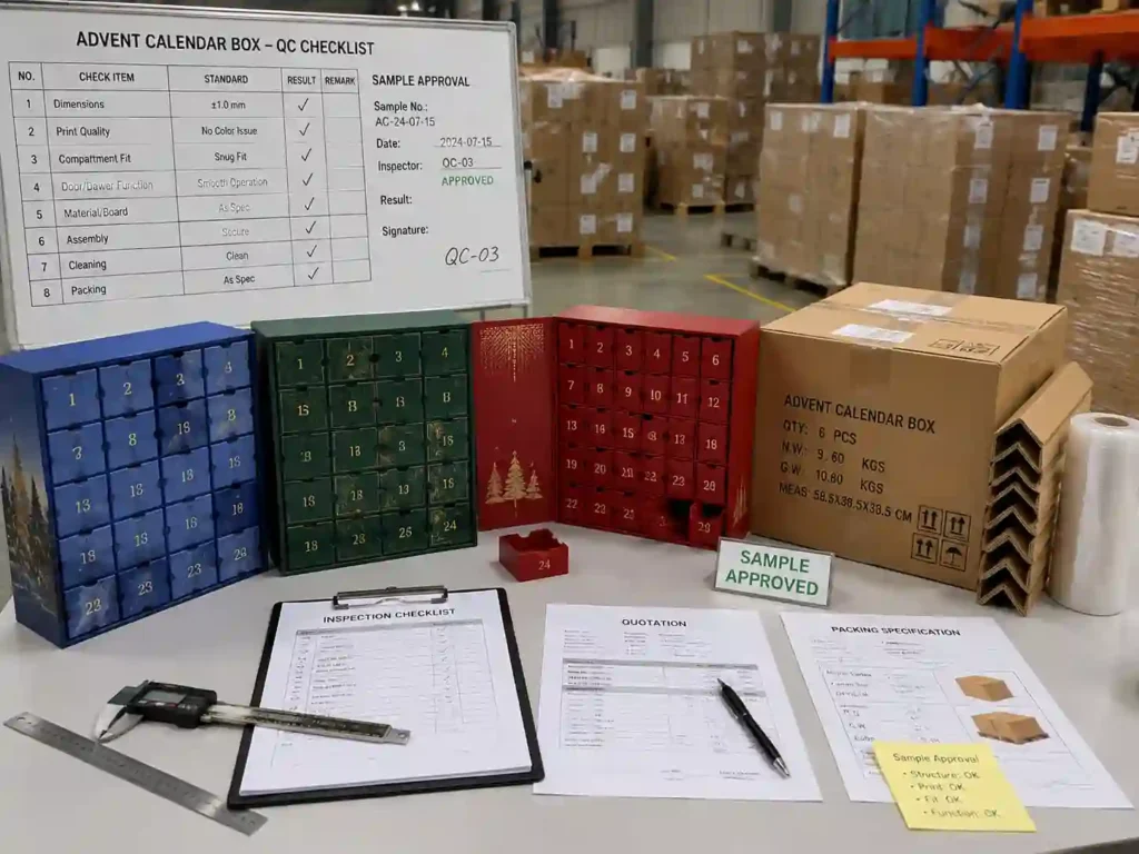 QC inspection and export packing preparation for multi-compartment advent calendar boxes