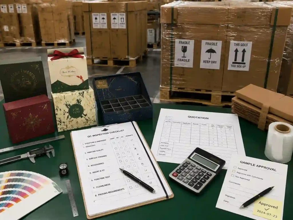 Quality control and export packing inspection for custom holiday gift packaging production