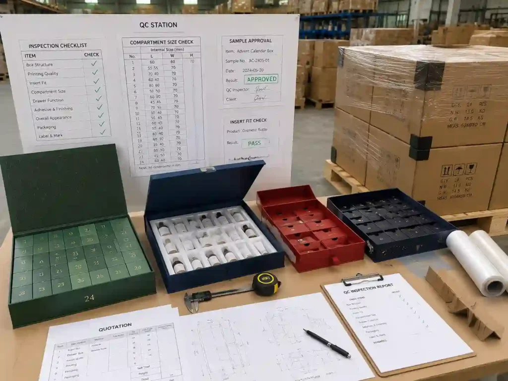 QC inspection and export packing preparation for advent calendar boxes with approved compartment designs