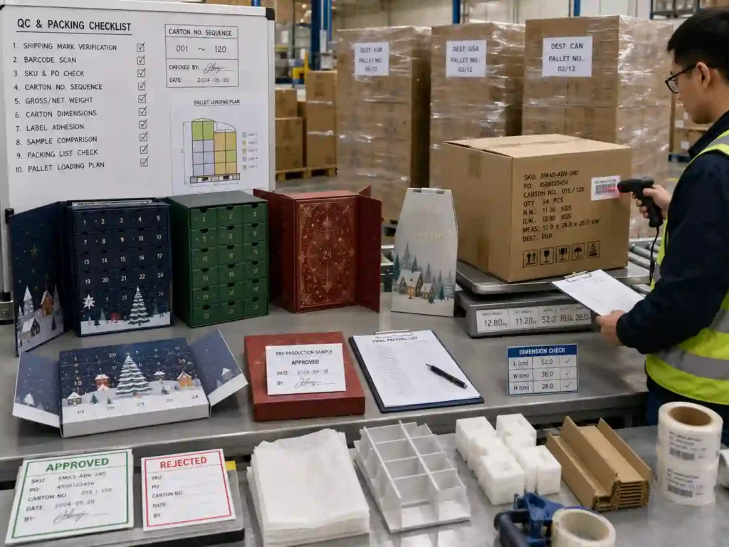 Quality-control inspection of advent calendar export cartons, shipping marks, barcode labels, weights, and pallet packing