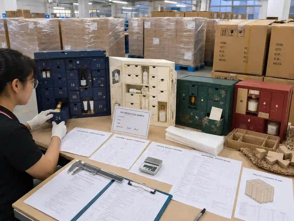Quality-control and export-packing inspection for assembled advent calendar boxes, master cartons, shipping marks, and pallets