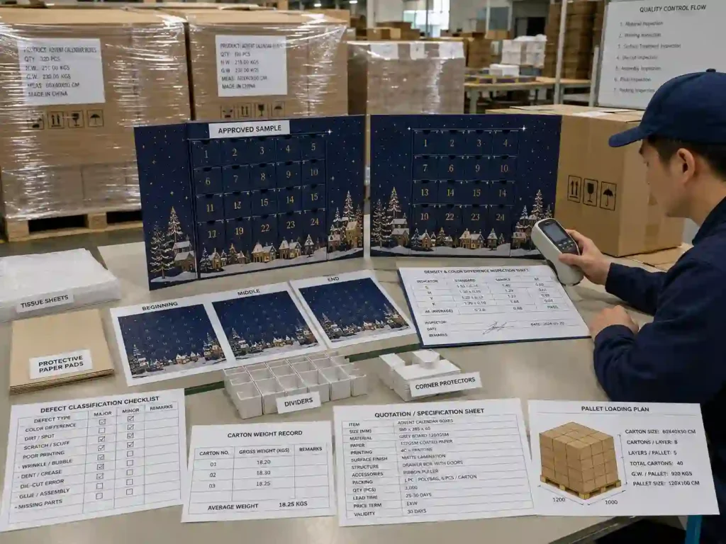 Quality-control inspection of advent calendar box colors before export packing