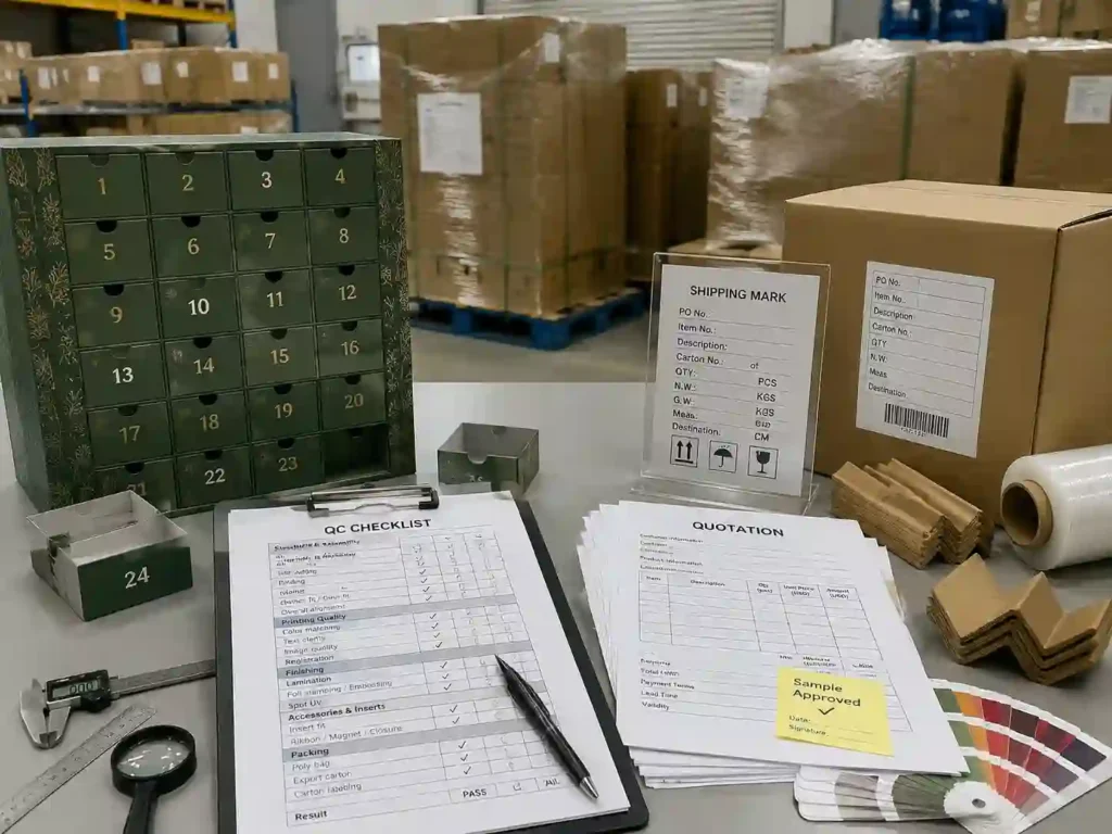 Quality control and export packing preparation for advent calendar box orders