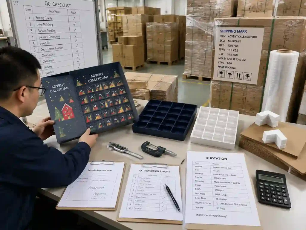 QC inspection and export packing preparation for advent calendar boxes before international shipment.