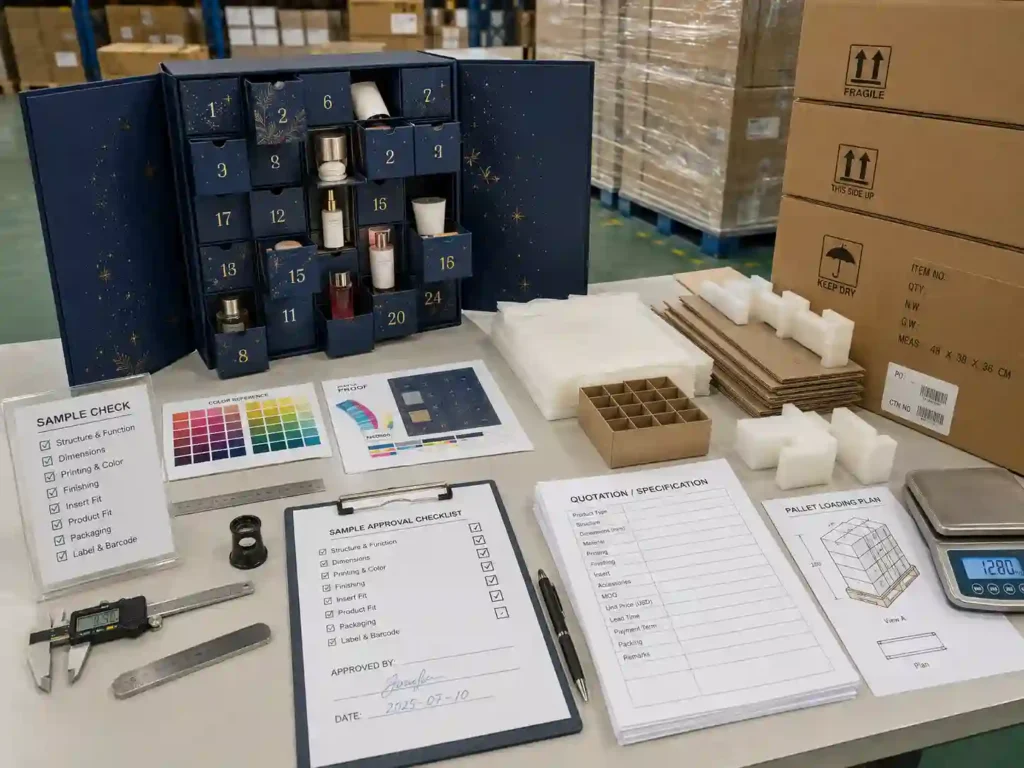 QC inspection, sample approval, export-carton protection, and quotation documents for custom advent calendar boxes