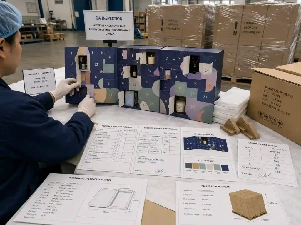 Quality-control and export-packing inspection for loaded door-opening advent calendar boxes before shipment.