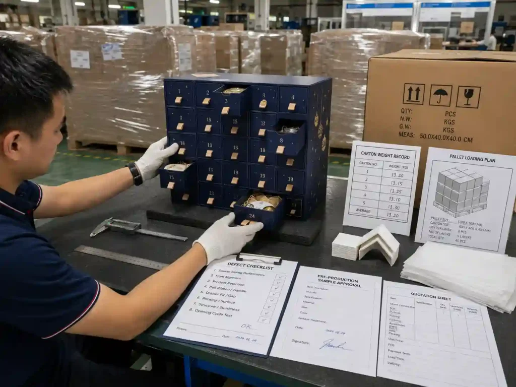 Factory QC inspection of loaded advent calendar drawers with export cartons, approval records, and packing materials