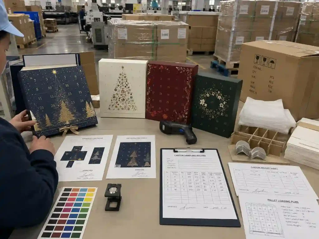 Advent calendar box printing quality inspection with approval records, protective export cartons, shipping marks, and pallet packing