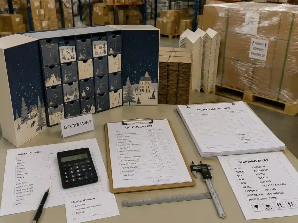 QC inspection and export packing preparation for custom advent calendar boxes before shipment