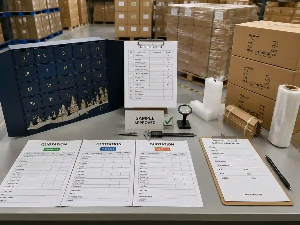 Quality control and export packing preparation for advent calendar box quotation review