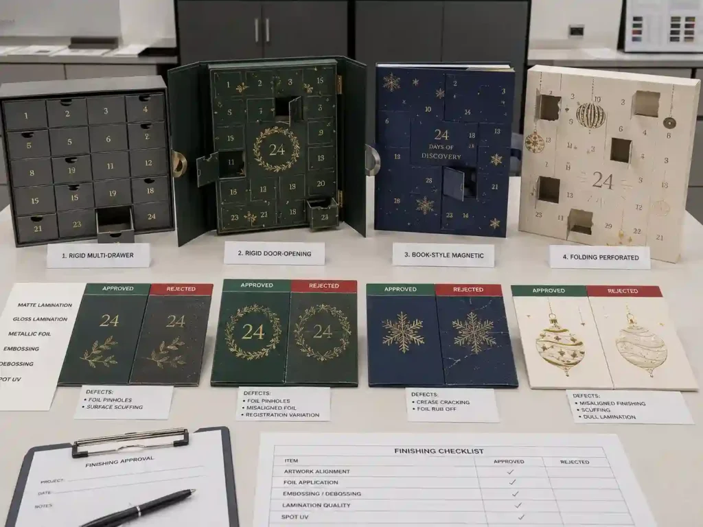 Finished advent calendar box samples compared for foil, embossing, spot UV, and lamination approval before mass production