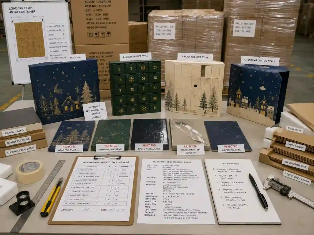 Advent calendar finishing quality control, export packing, and quotation preparation before mass production