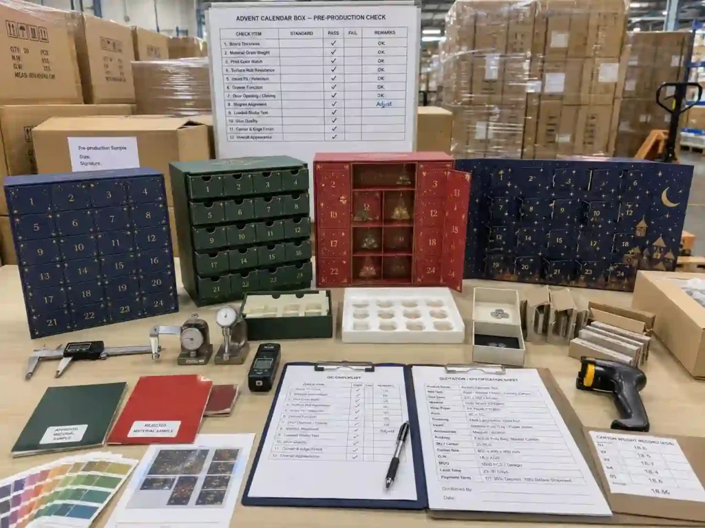 Advent calendar box material inspection, quality control, export packing, and quotation preparation