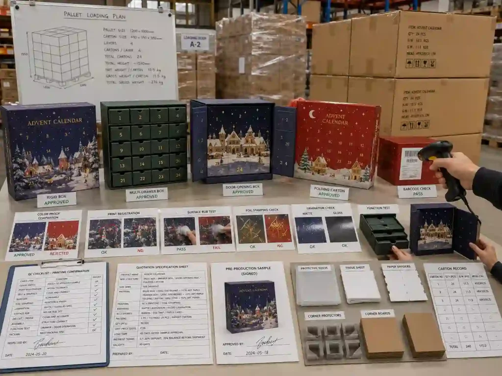 Printing quality inspection and export-packing preparation for custom advent calendar boxes before mass production