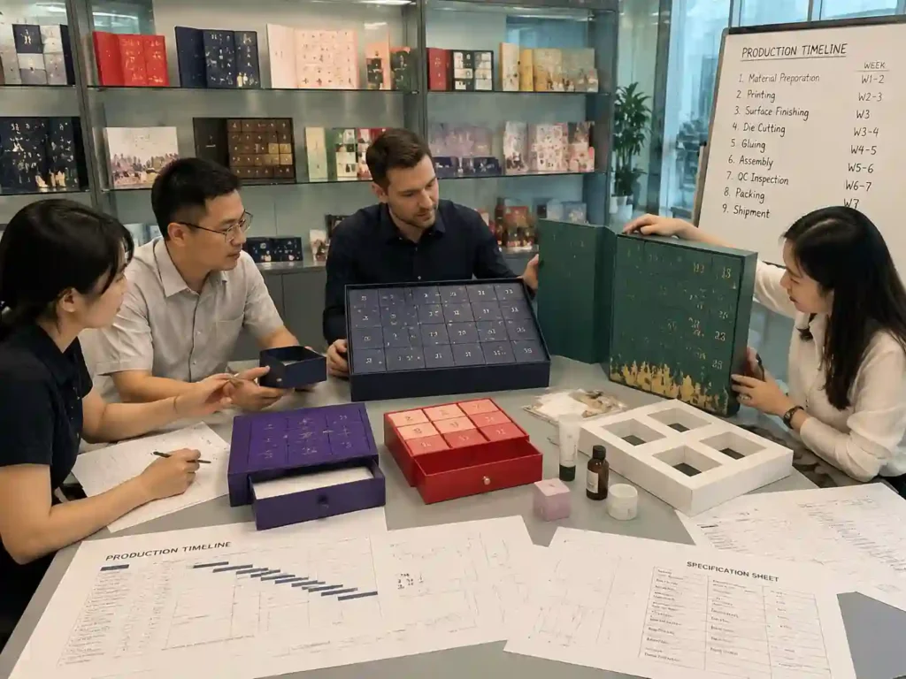 B2B buyers comparing custom advent calendar box structures and production timeline samples