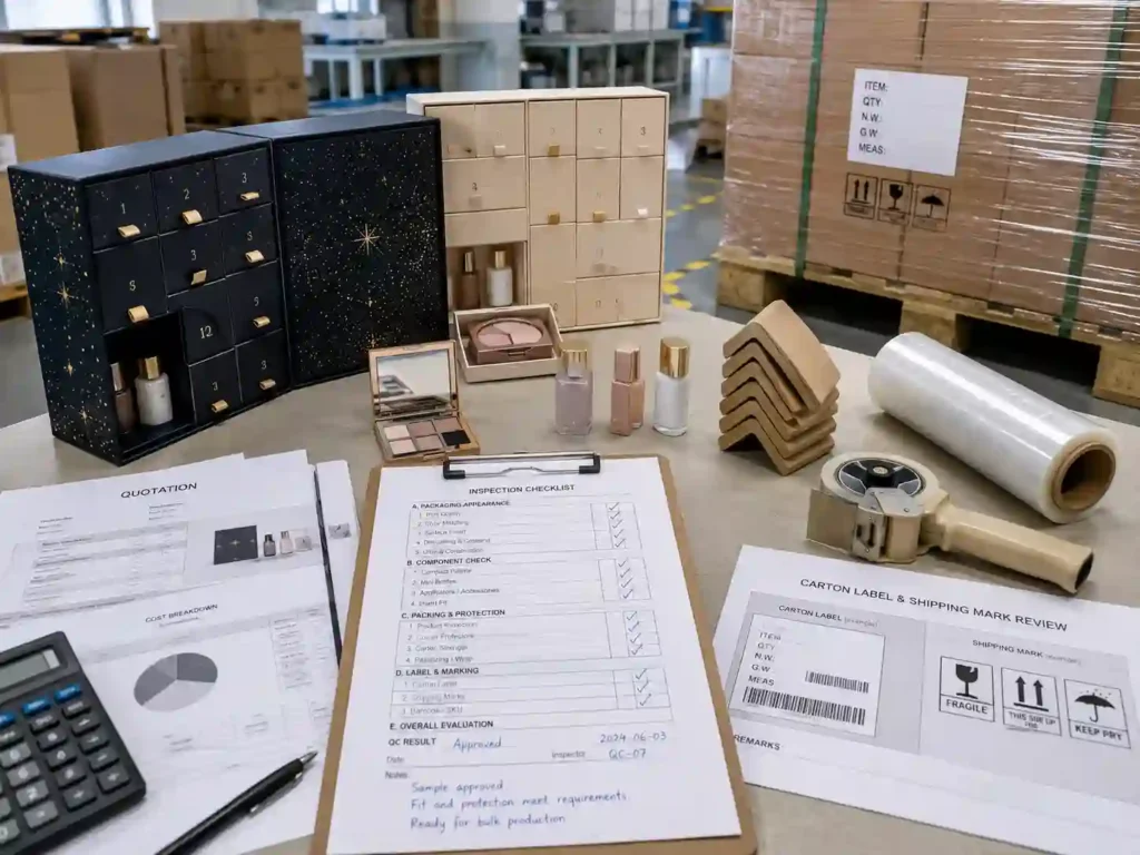 QC and export packing review for beauty gift set advent calendar boxes with cartons and inspection checklist