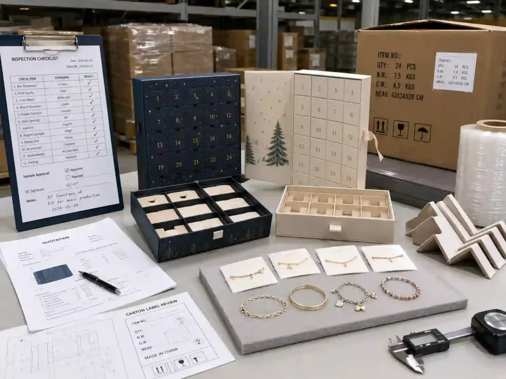 QC and export packing inspection for bracelet advent calendar boxes with cartons and shipping marks