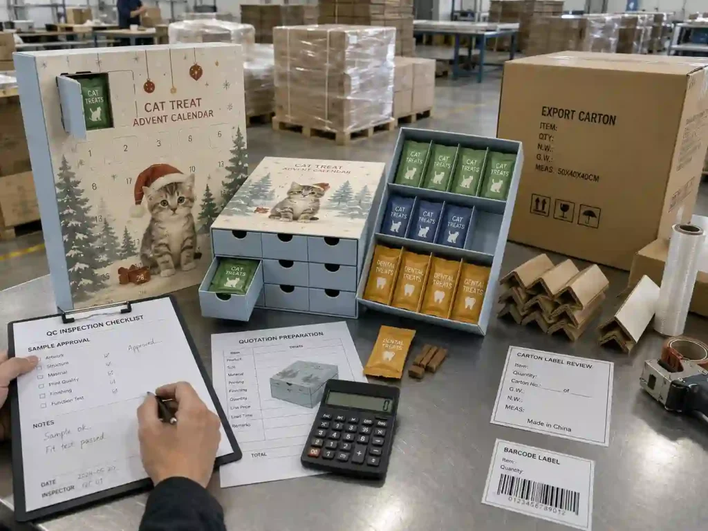 QC and export packing check for cat treat advent calendar boxes with cartons, pallet wrap, and inspection documents