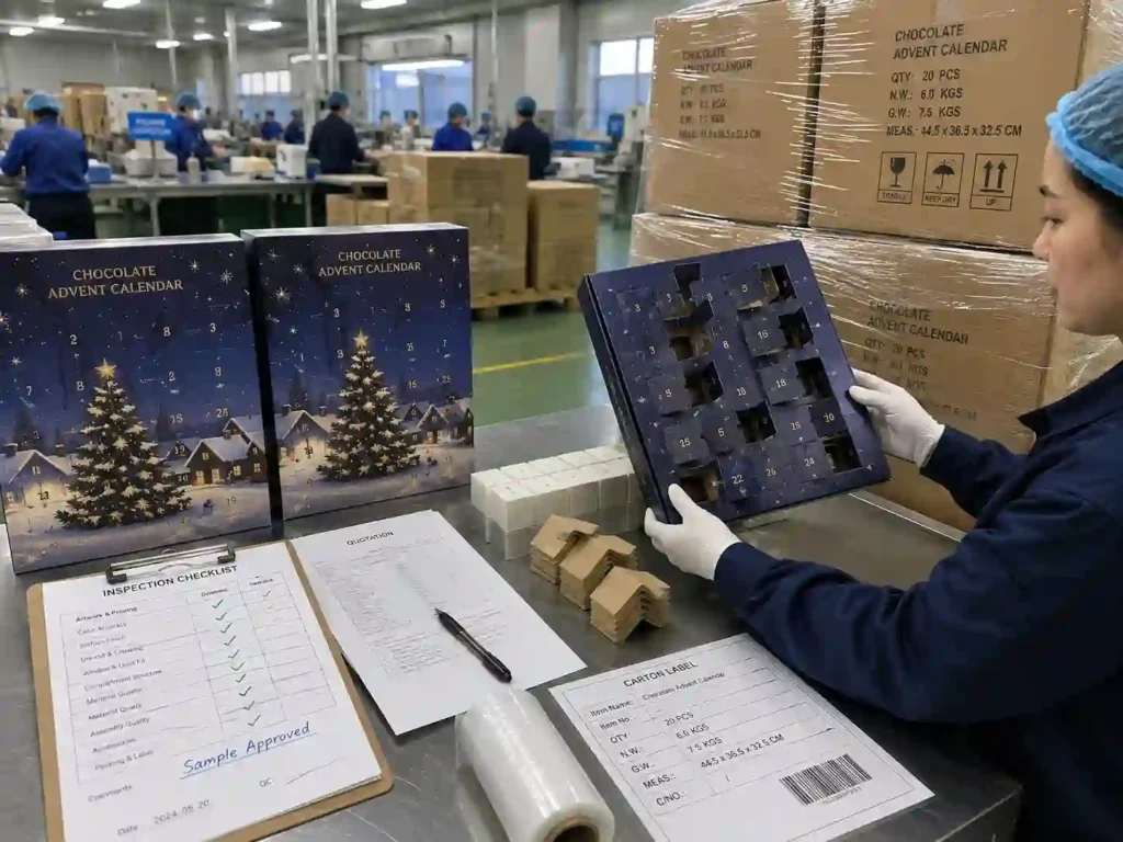 QC and export packing scene for chocolate advent calendar boxes with inspection checklist cartons pallet wrap and quotation documents