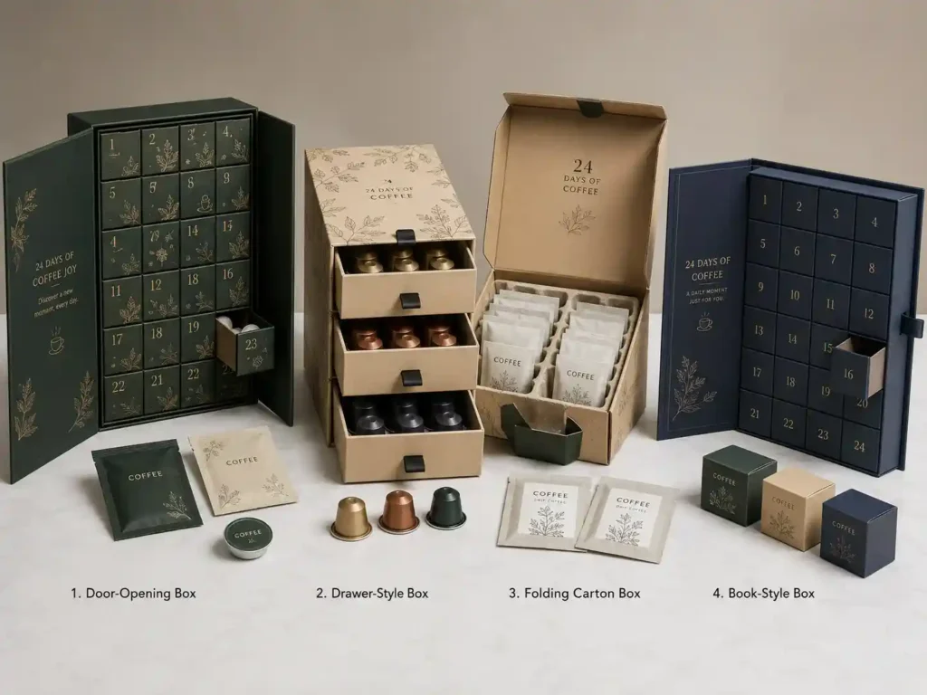 Finished coffee advent calendar box samples with sachets, capsules, pouches, inserts, and different custom structures for B2B seasonal campaigns
