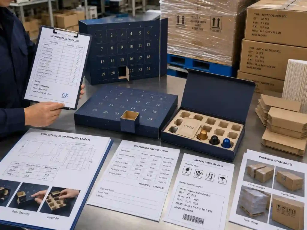 QC and export packing inspection for coffee advent calendar boxes with cartons, shipping marks, pallet wrap, and quotation documents