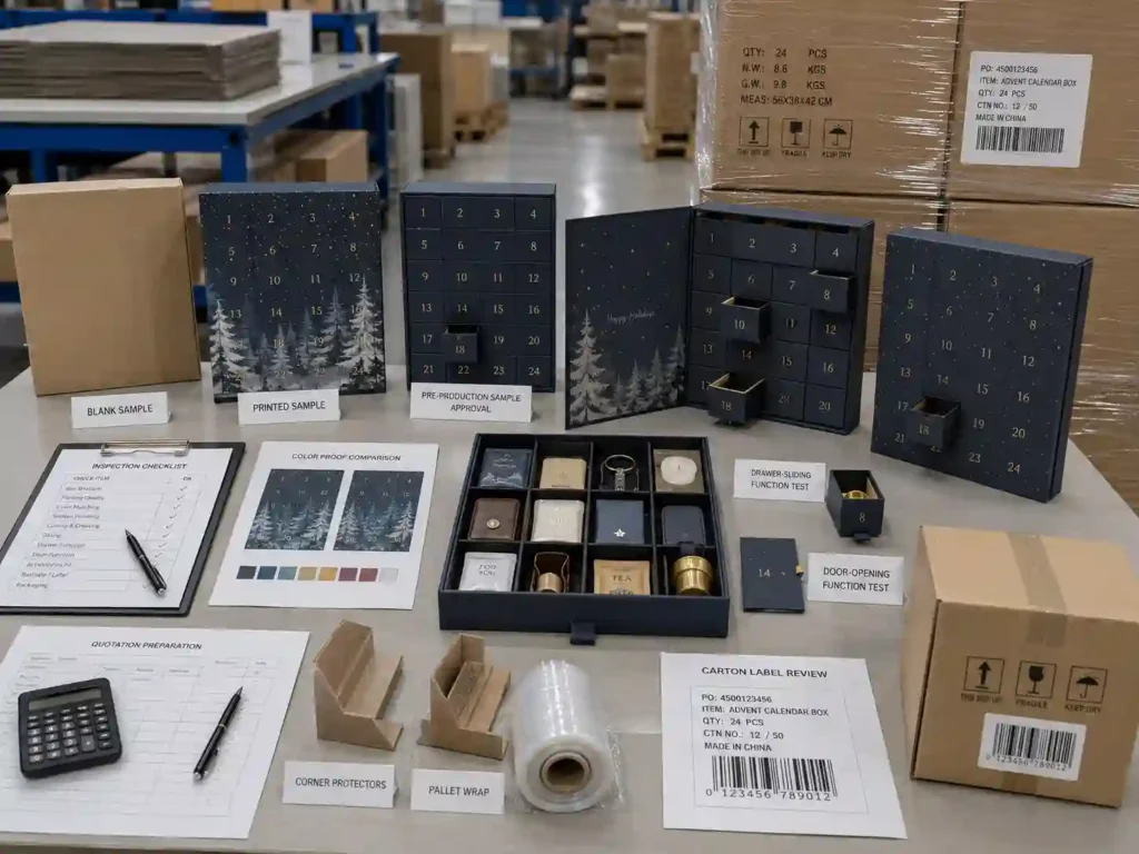 QC and export packing inspection scene for corporate gift advent calendar boxes with sample approval notes and cartons