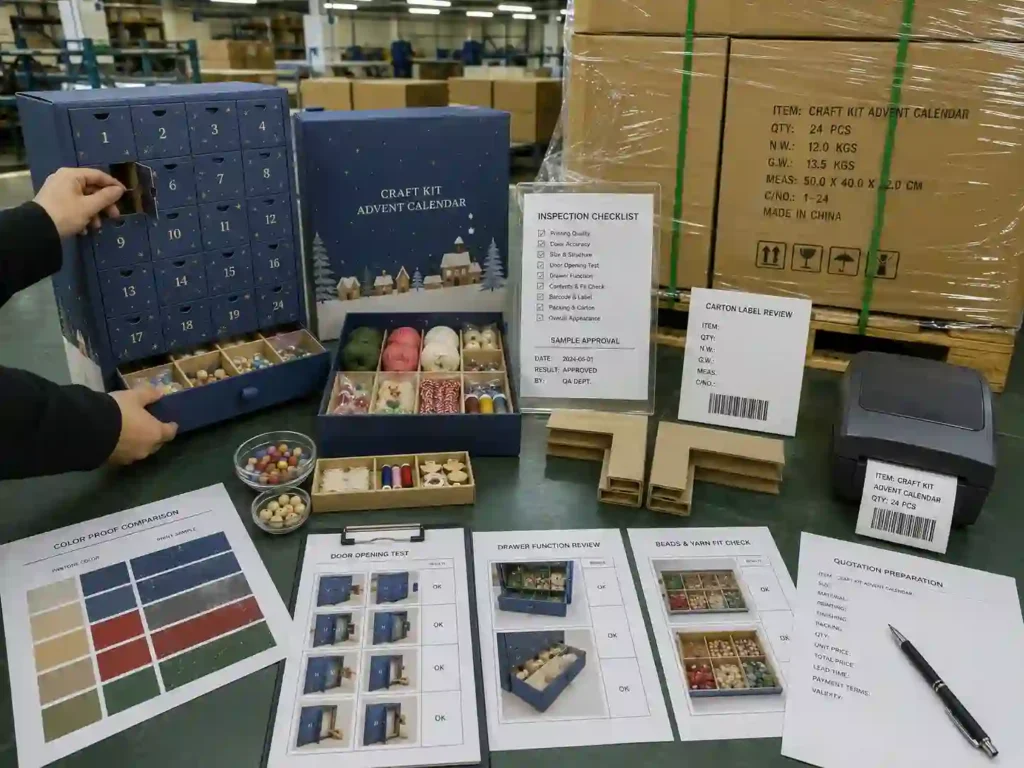 QC and export packing inspection for craft kit advent calendar boxes with cartons, pallet wrap, shipping marks, and quotation documents
