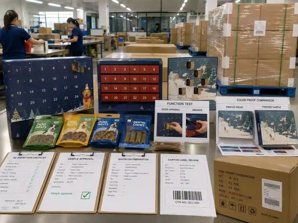 QC export packing and quotation preparation scene for dog treat advent calendar boxes