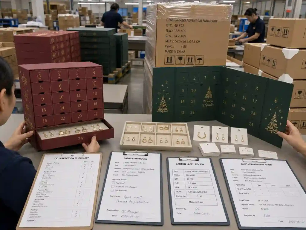 QC and export packing review for earring advent calendar boxes with inspection checklist, cartons, pallet wrap, and quotation documents.