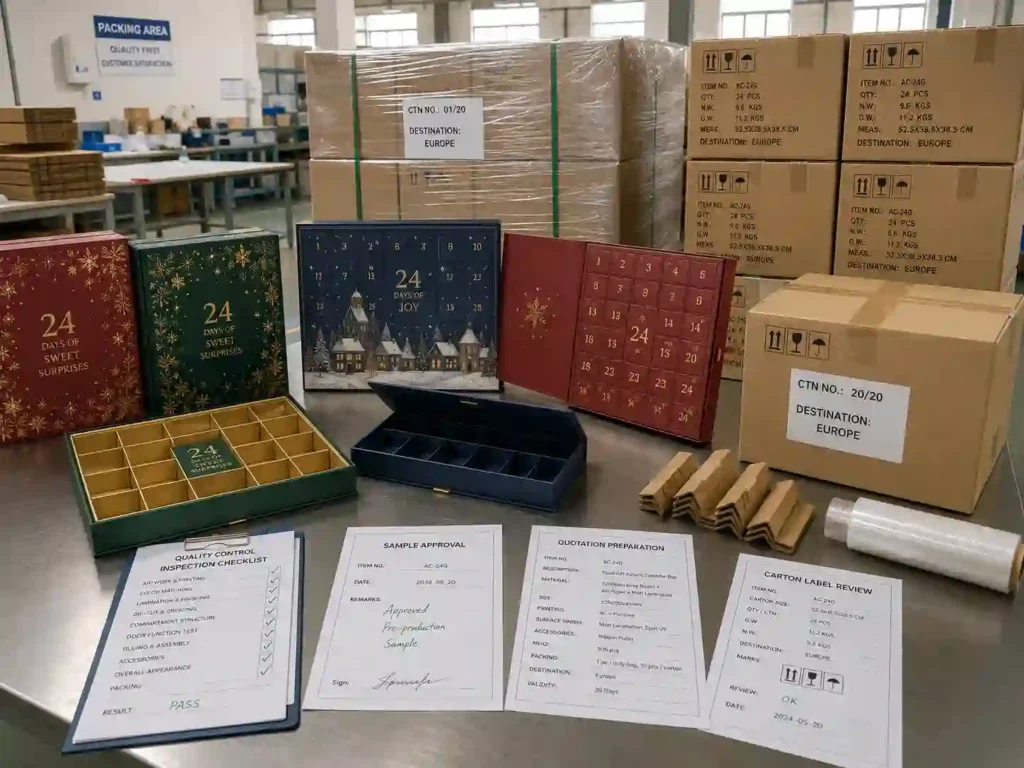 QC inspection and export packing preparation for custom food advent calendar boxes