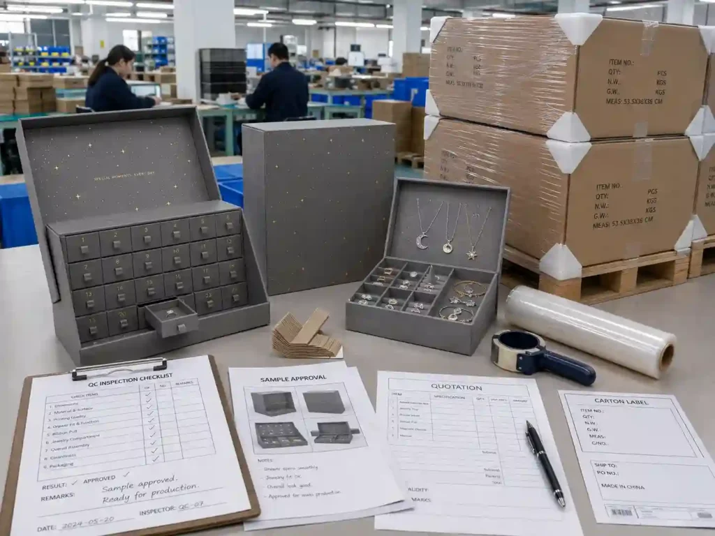 QC and export packing inspection scene for jewelry advent calendar boxes with cartons and sample approval notes