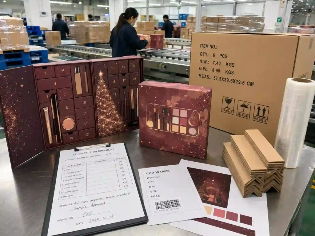 Quality control and export packing setup for makeup advent calendar boxes with cartons, pallet wrap, and inspection checklist